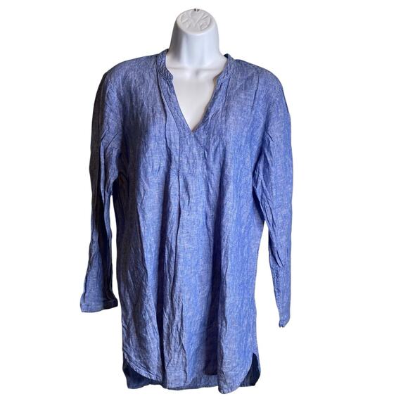 LL Bean Women's Blue Linen Tunic Top Est. Size L Coastal Nautical‎ Preppy Flowy - Picture 1 of 10